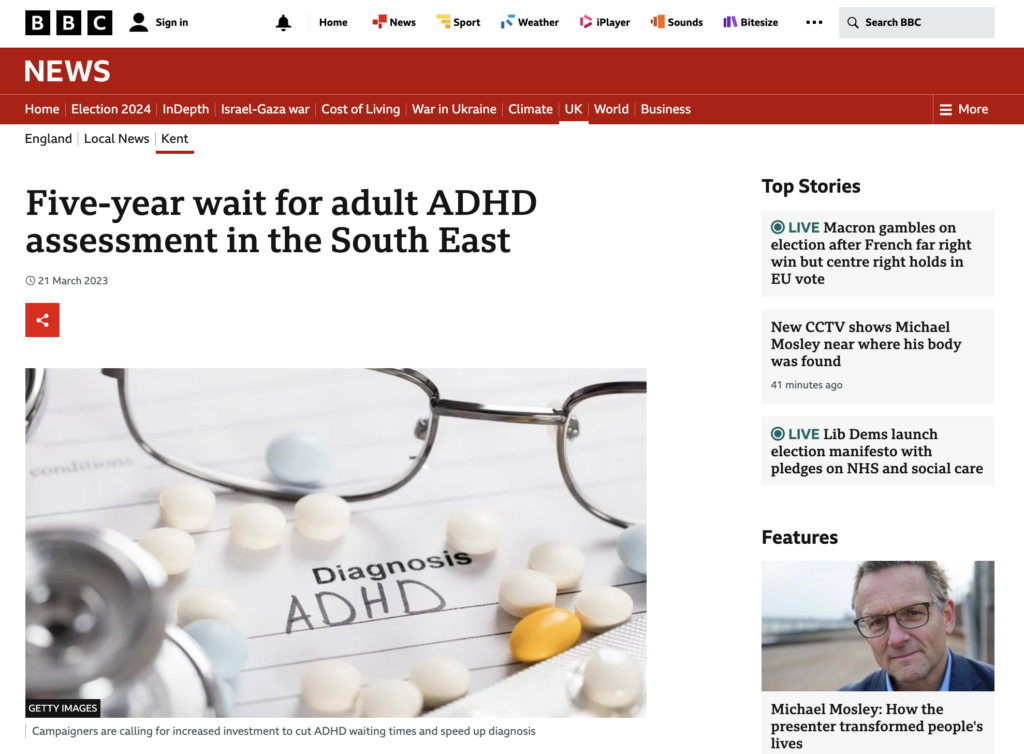 bbc news article screenshot- Five-year wait for adult ADHD assessment in the South East. this is one of the nhs failures discussed in the article